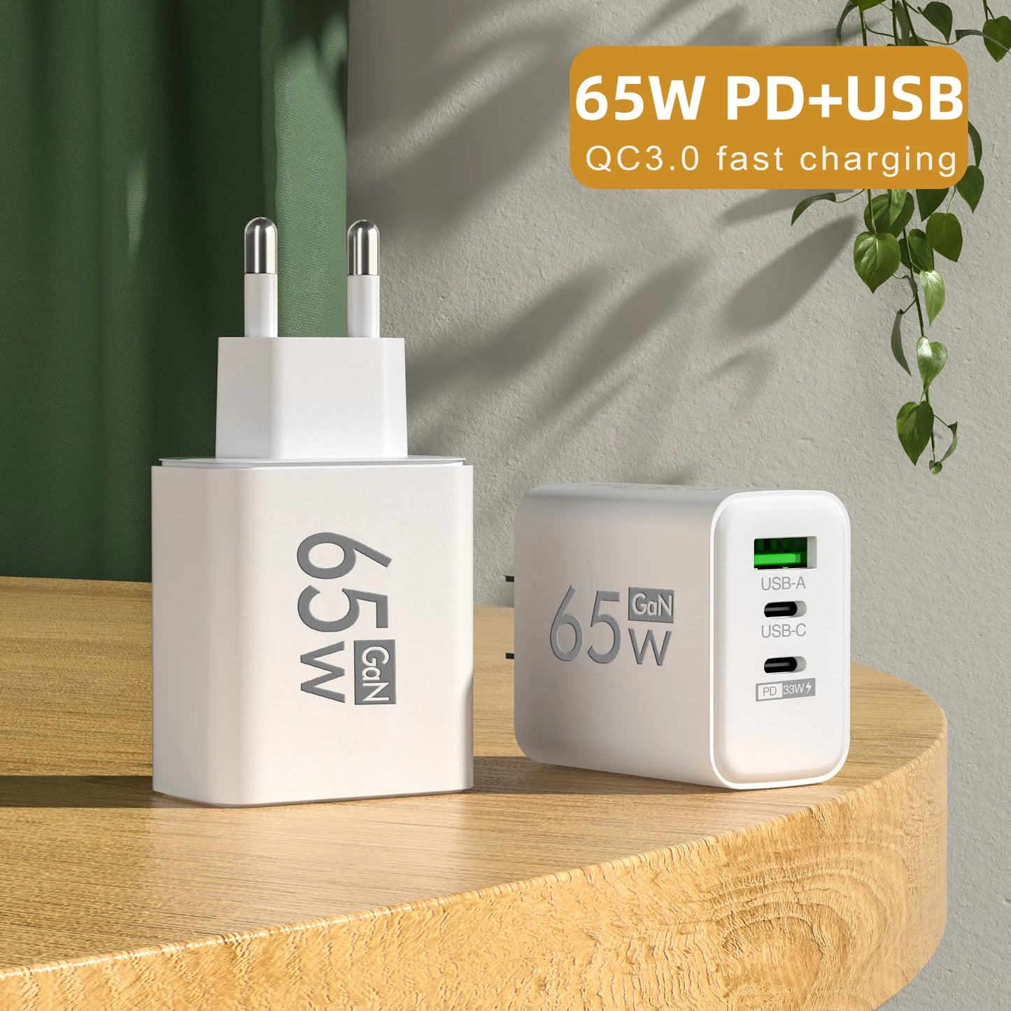 65W 3 Ports GaN USB PD Charger Fast Charging Type C Mobile Phone Adapter Quick Charger 3.0 For iPhone 15 Samsung Xiaomi Huawei