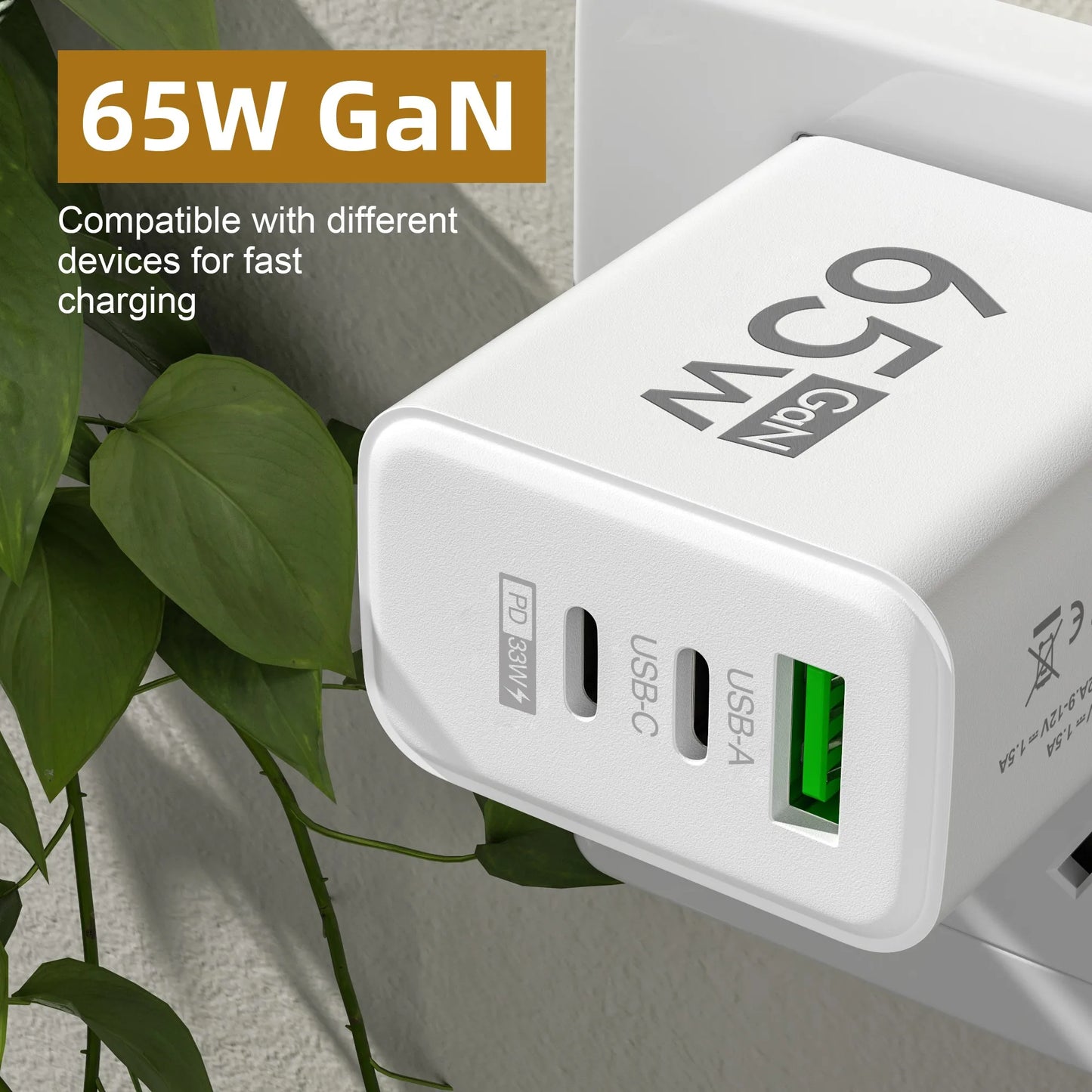 65W 3 Ports GaN USB PD Charger Fast Charging Type C Mobile Phone Adapter Quick Charger 3.0 For iPhone 15 Samsung Xiaomi Huawei